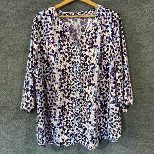 CATHERINES Womens Abstract Print 3/4 Sleeve Button Up Top Size 1X Purple Blue